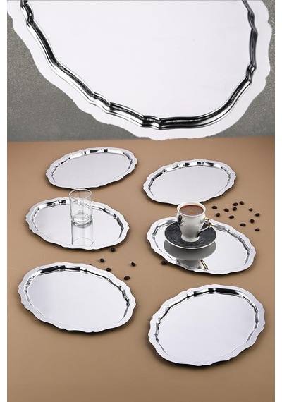 6 Adet Oval Dalgalı Sade Kahve Ve Sunum Tepsisi 20 Cm X 25 Cm, Gümüş