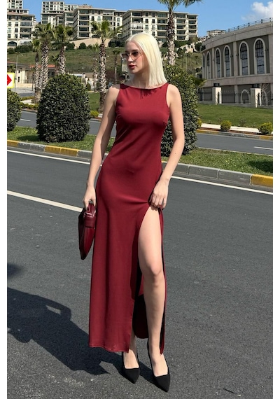 Madmext Bordo Maxi Boy Yırtmaç Detaylı Kadın Elbise Mg2367 Bordo