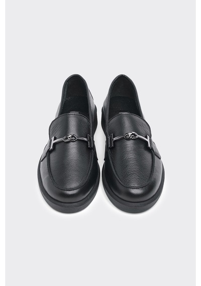 Derinet Tokalı Hakiki Deri Kadın Loafer Siyah Siyah