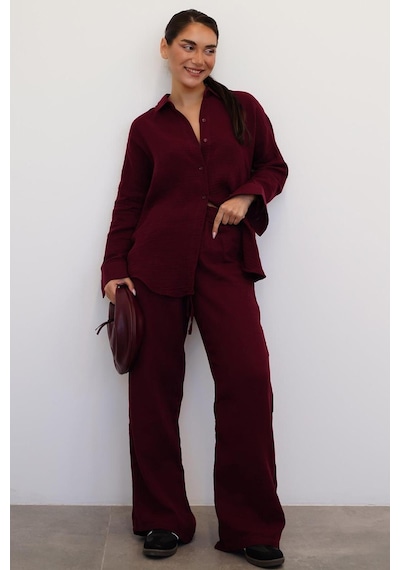 Madmext Bordo Basic Kadın Gömlek Pantolon Takım Mg2461 Bordo