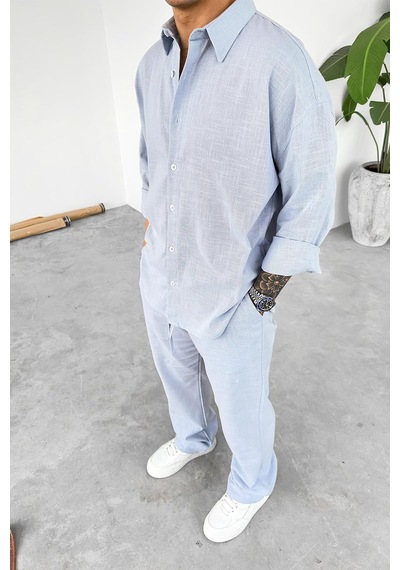 Mavi Premium Keten Basic Oversize Gömlek Mavi