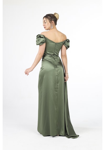 Feminist Haki Drape Detaylı Saten Kumaş Abiye Elbise 9704858.23 Haki