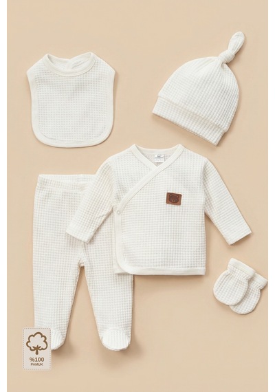 Minory Baby - %100 Pamuk 5'li Hastane Çıkışı Seti Yenidoğan 5'li Set Waffle Kumaş Battaniyesiz Ekru Ekru