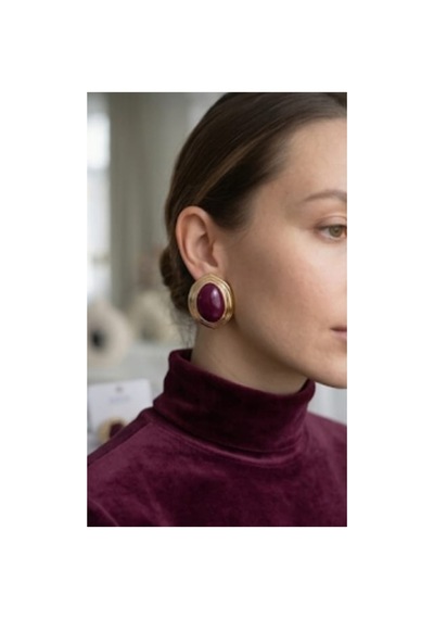 Lunarie Oval Vintage Statement Küpe 14k Gold Katmanlı Çerçeveli Bordo