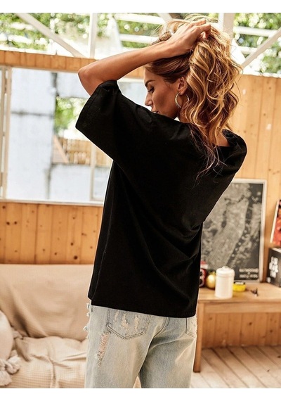 Kadın Siyah Oversize Mountain Slogan Baskılı T-shirt Siyah