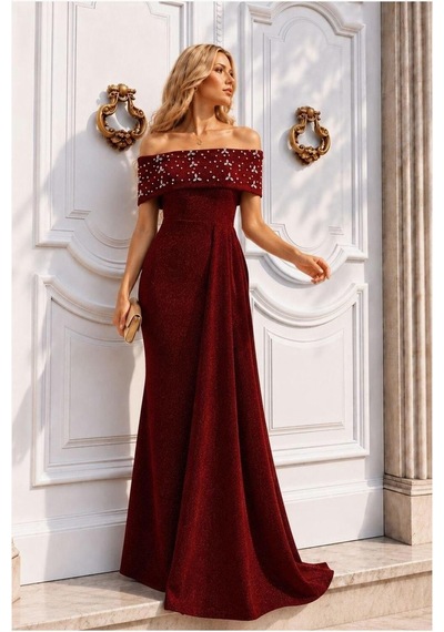 Lior Design Kadın Şık Model Degaje Yaka Dekolteli Maxi Uzun Kollu Abiye Elbise Kırmızı
