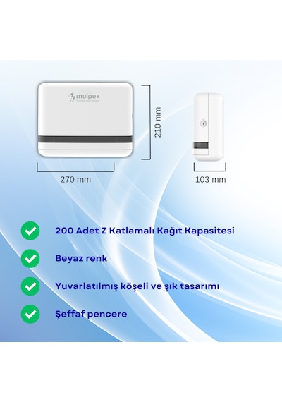 Mulpex Beyaz Duvara Monte Z Katlamalı Kağıt Havlu Dispenseri Premium Abs Gövde, Anahtarlı Kilit, Vidalı & Yapışkan Montaj Beyaz