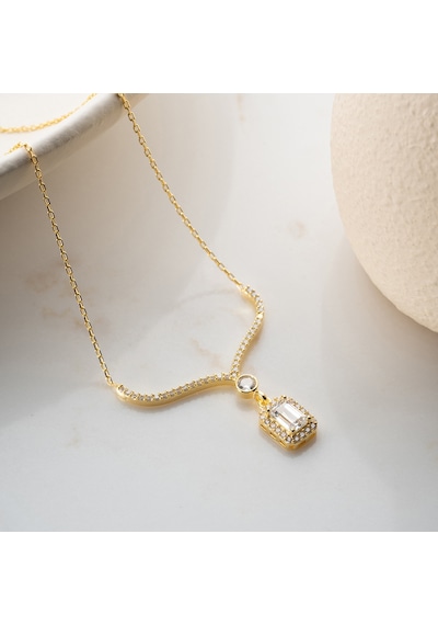 Vaoov 925 Ayar Gümüş Baget Taşlı Gold Sallantılı Hediye Kolye Altın