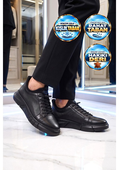 Komcero Kauçuk Tabanlı Bağcıklı Sneaker Siyah Hakiki Deri Erkek Casual Ayakkabı Hz0795-510