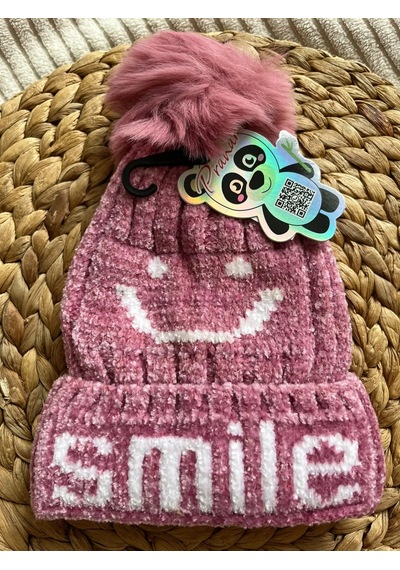 Prahar Kız Çocuk Smiley Desenli İçi Peluş Dokulu Ponponlu Kışlık Bere Beyaz