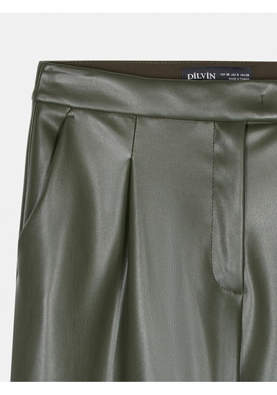 Dilvin 72238 Suni Deri Paçası Geniş Pantolon-yeşil Yeşil