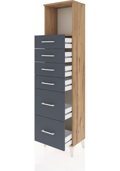 Arges Dolap Tek Raflı 6 Çekmeceli 44x30x182 Çam-antrasit Çam