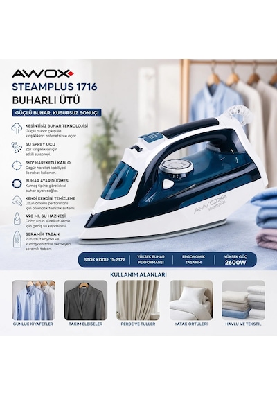 Ers Koyu Mavi - Beyaz Buharlı Ütü Seramik Taban - 360 Hareketli Kablo - Buhar Ayarlama 2100w Steamplus-1716