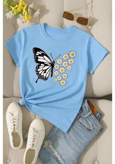 Papatyalı Kelebek Baskılı Unisex Oversize Tişört Bebe Mavisi