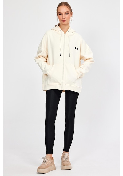 Alexandergardı Fermuarlı Kapüşonlu Oversize Sweatshirt B22-75300 Ekru