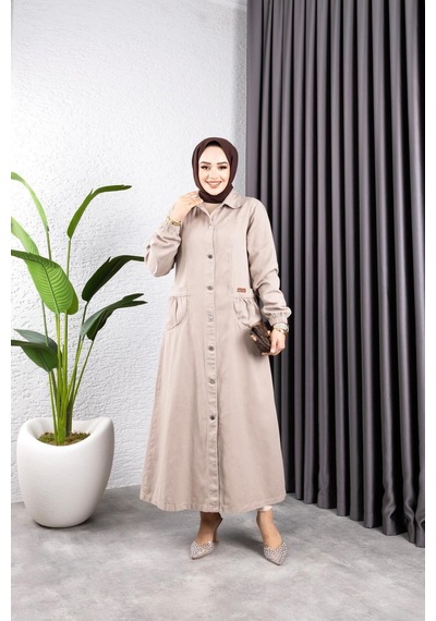 Harman Butik Kadın Düğmeli Torba Cepli Gabardin Kap Bej Bej
