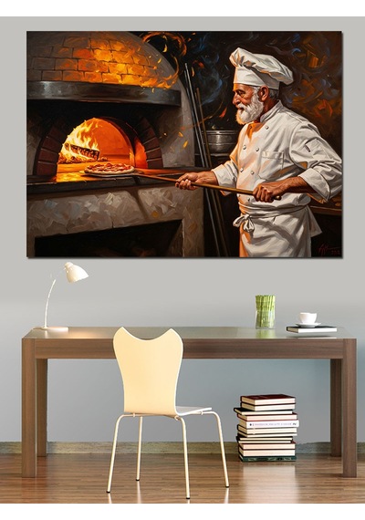 Ahşap Tablo Taş Fırında Pizza Pişiren Şef