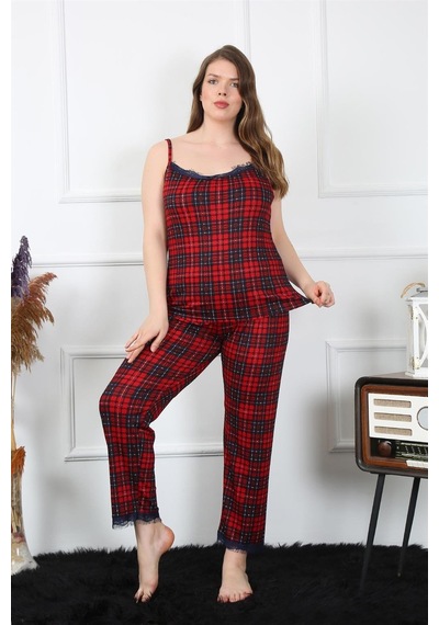 Akbeniz Kadın Büyük Beden Kırmızı Ekoseli İp Askılı Pijama Takım 202197-kırmızı Kırmızı