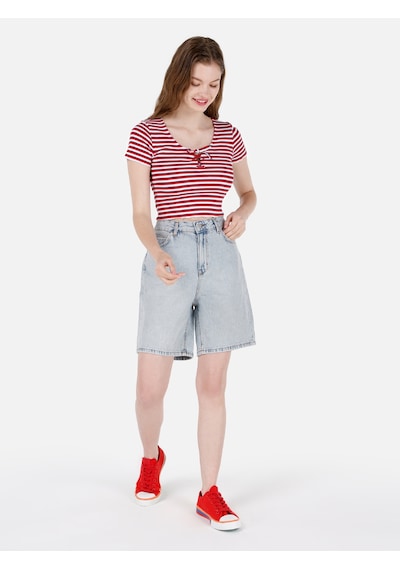 Colin's Colins Slim Fit Derin Yuvarlak Yaka Desenli Kırmızı Kadın Kısa Kol Tişört Cl1069122 Q1.v1 Red Kırmızı