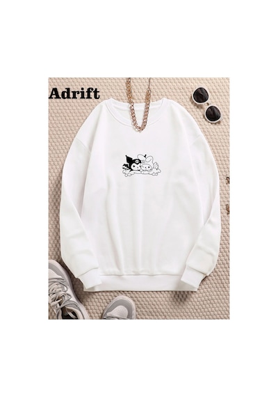 Tarzsokak Minimal Örümcek Renkli Oversize Bisiklet Yaka Pamuklu Sweatshirt Beyaz