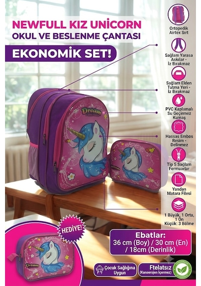 NEWFULL KIZ UNİCORN OKUL VE BESLENME ÇANTASI-EKONOMİK