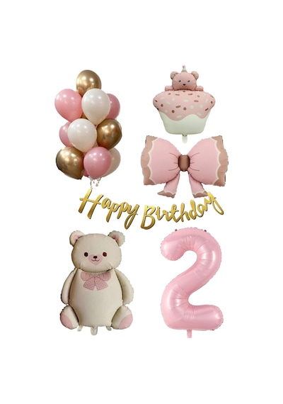 Retro 2 Yaş Ayıcık Temalı Kız Bebek Konsept Doğum Günü Seti Pembe