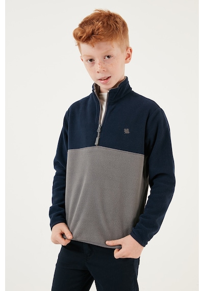 Lela Yumuşak Dokulu Yarım Fermuarlı Renk Bloklu Dik Yaka Unisex Çocuk Polar 5905004 Lacivert-Gri