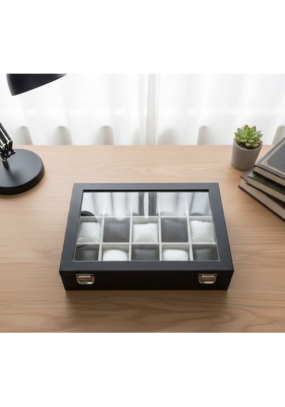Premium 15 Yuvalı Tamamen Deri Kaplama Cam Kapaklı Şık Tasarım Saat Saklama Kutusu Ebat 34x24x8 Cm Siyah - Beyaz