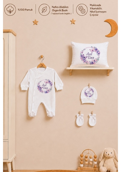 Pia Baby Kız Bebek Hastane Çıkışı 6 Parça %100 Pamuk İsme Özel Kese Hediyeli Tulum Şapka Eldiven Seti 1018tybk0x Krem