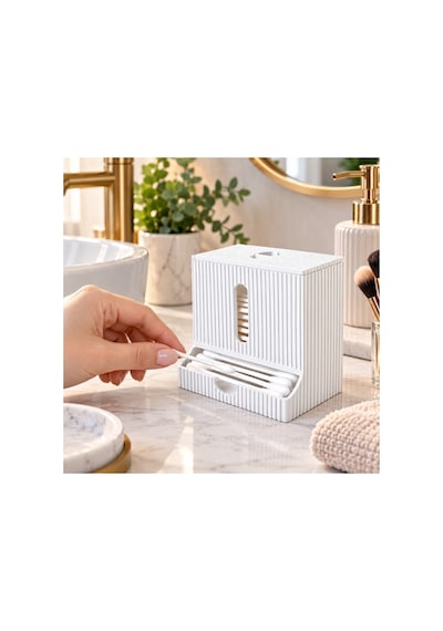 Modern Tasarım Kulak Çubuğu Dispenseri Kapaklı Banyo Makyaj Pamuk Düzenleyici Organizer - Beyaz Renkli