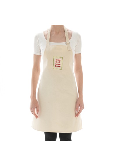 %100 Pamuklu Hambez Yetişkin Mutfak Önlüğü - Yazı Nakışlı Çift Kat Krem
