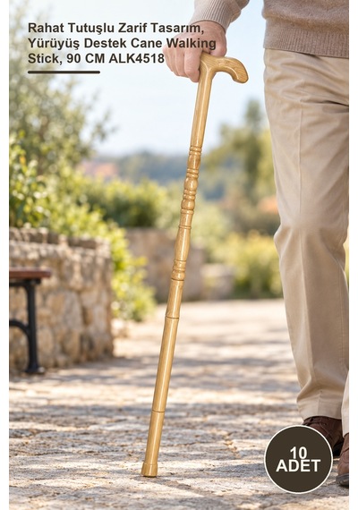10 Adet Ahşap Baston Rahat Tutuşlu Zarif Tasarım, Yürüyüş Destek Cane Walking Stick, 90 Cm Alk4518