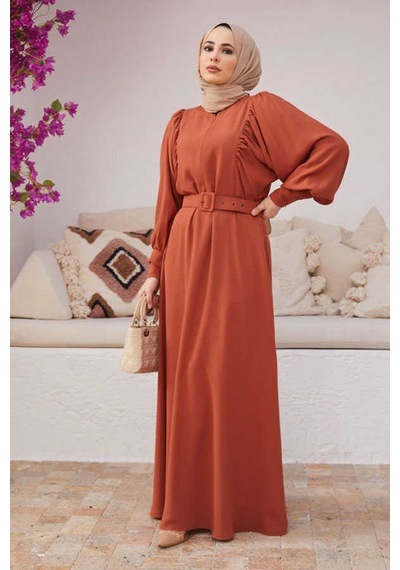 Neways 6583-Krep Elbise Taba