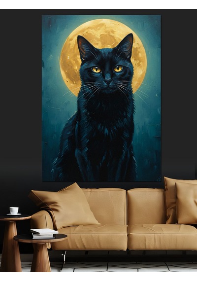 Ahşap Tablo Dolunay Altındaki Kara Kedi Çocuk Odası Tabloları