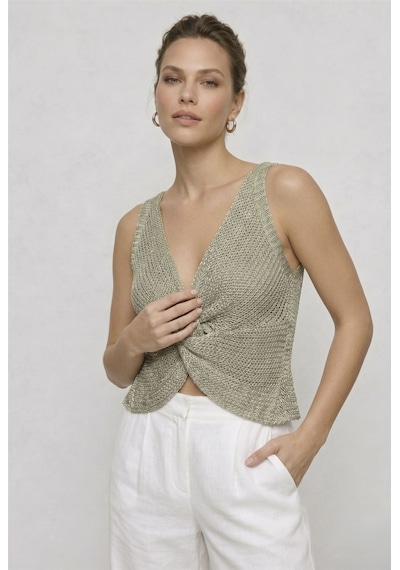 Neden Tekstil Twist Knot Detaylı Premium Kadın Triko Bluz V Yaka Örgü Dokulu Şık Crop Tasarım - Küf Yeşili