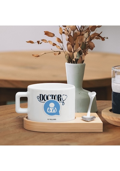 Bk Gift Kişiye Özel İsimli Doktor Tasarımlı-3, Ahşap Altlıklı Seramik Fincan, Meslek Hediyesi, Yeni İş Hediyesi Kobitmeyen137932 Bk Gift