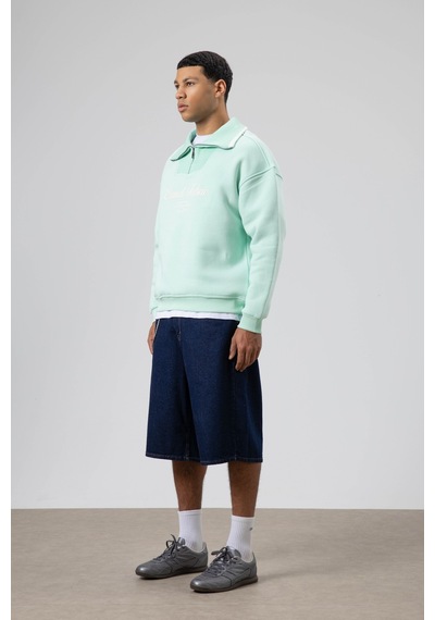 Vamos Oversize Fermuarlı Yaka Sweatshirt Mint