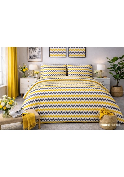 More Home Tek Kişilik Yorgan Kılıfı + Yastık Kılıfı Zikzaklı Sarı Gri