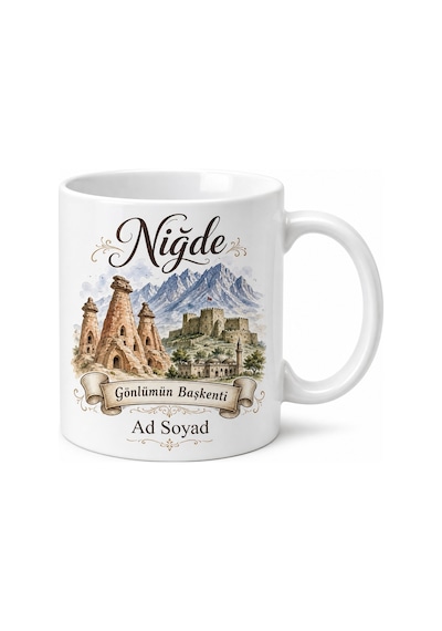 Niğde Şehir Hatırası Baskılı Kupa Bardak Hediye Porselen Mug Beyaz / Çok Renkli