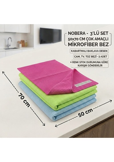 Nobera 3'lü Set 50x70 Cm Çok Amaçlı Mikrofiber Bez - Baklava Desenli Cam, Tv Ve Toz Bezi Karışık