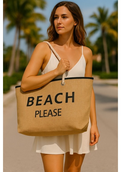 Prendi Home Siyah Beach Please Yazılı Büyük Boy Piknik Ve Plaj Çantası Halat Saplı 55x36x15 Cm Çok Renkli