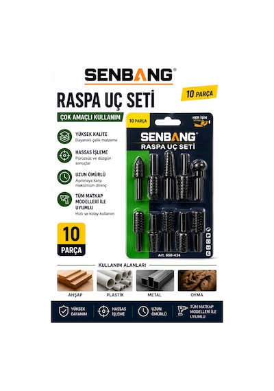 Senbang 10 Parça Raspalama Uç Seti Ahşap Oyma Freze Uç Seti 6 Mm Şaft Metal Plastik Ahşap İçin