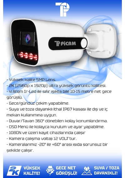 Picam 8 Kameralı Zebra 2 İç Kamera Set 1 Tb 5 Mp 2k Net Gece Görüşlü Güvenlik Kamerası Sistemi