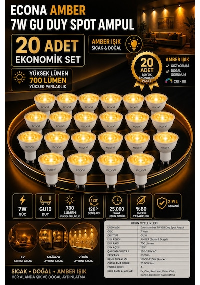 20 Adet 7w Gu10 Duy Led Spot Ampul 20li Paket - 700 Lümen Sıcak & Doğal Amber Işık, Gün Işığı Dekoratif Spot Aydınlatma Seti Uzun Ömürlü Kehribar Spot