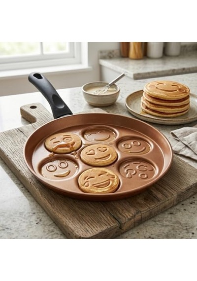 Redio Emoji Pankek Ve Yumurta Tavası - 7 Bölmeli Gülen Yüz Tasarımlı, Yanmaz Yapışmaz Krep Tavası 28 Cm Bronz