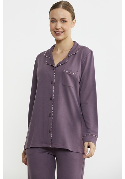 Sementa Düz Renk Gömlek Model Pijama Takım - Mor Mor