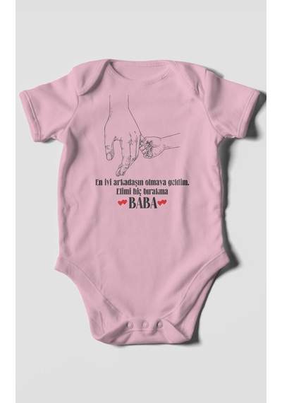 Babaya Özel Baskılı Bebek Zıbını Çıtçıtlı Body 8 Renk %100 Pamuk Kısa Kol Koyu Pembe