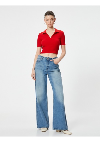 Koton Crop Tişört Basic Polo Yaka Kısa Kollu Kırmızı 4sak50636ek Kırmızı
