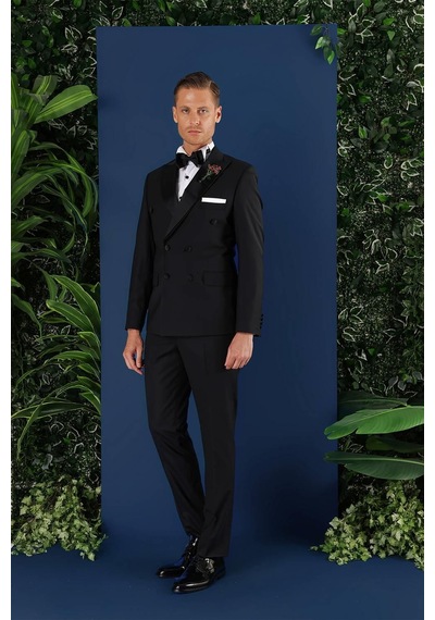 Efor Black 071slim Fit Çıkarılabilir Saten Yaka Kruvaze Siyah Damatlık Smokin Takım Siyah