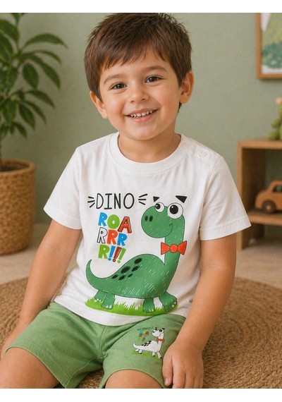 Durukoza Erkek Bebek Dinozor Baskılı Şortlu Takım %100 Pamuk Yazlık Omuz Düğmeli Beyaz - Yeşil